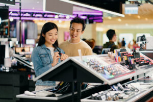 Young couple shopping in a department store. Hong Kong